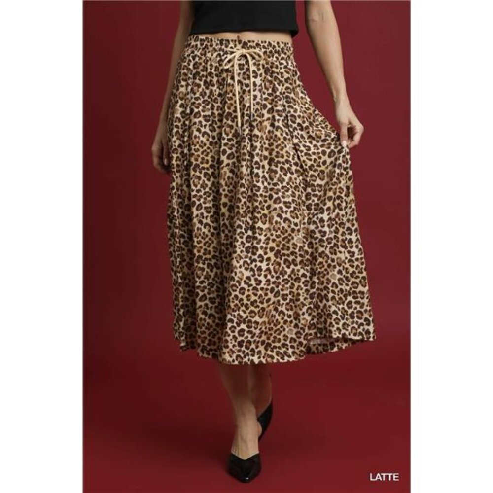 Umgee Drawstring Leopard‎ Midi Skirt